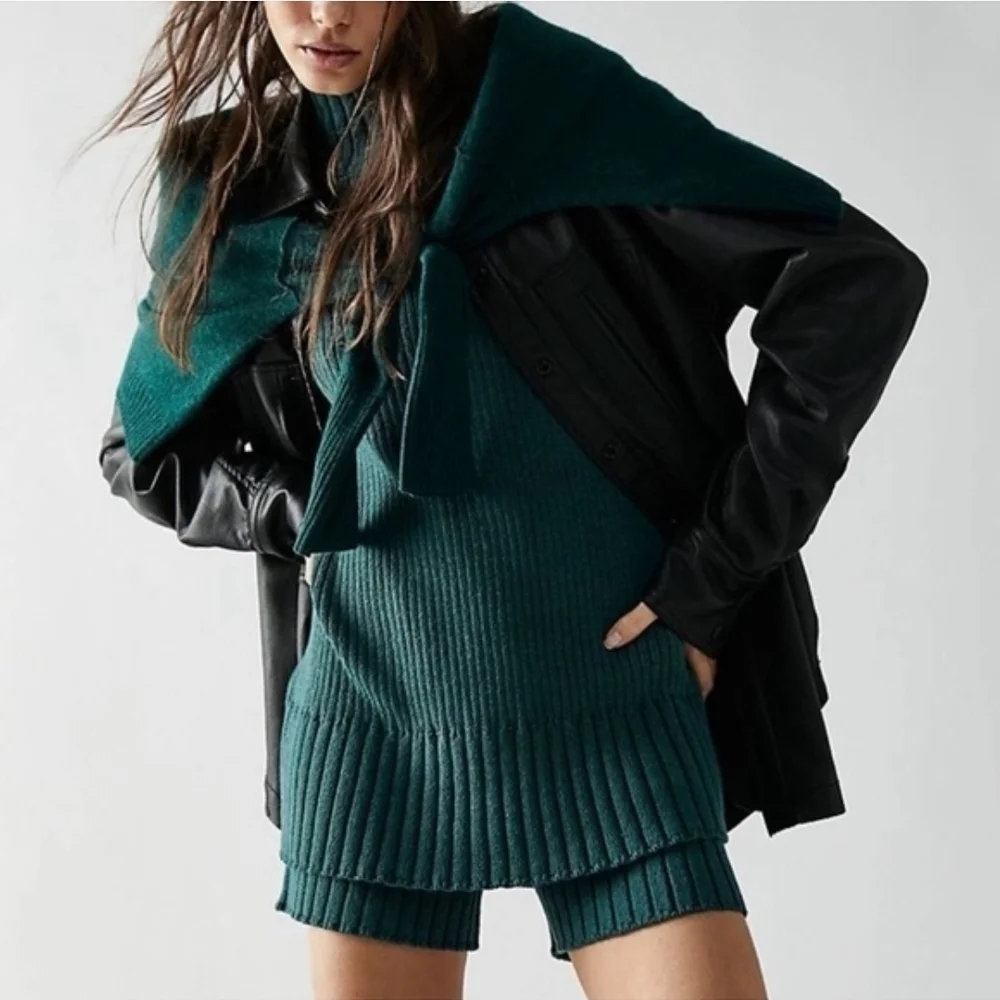 Free People Beach Trez Mock Neck Sweater Short Knit Set Oversized Green Size XS